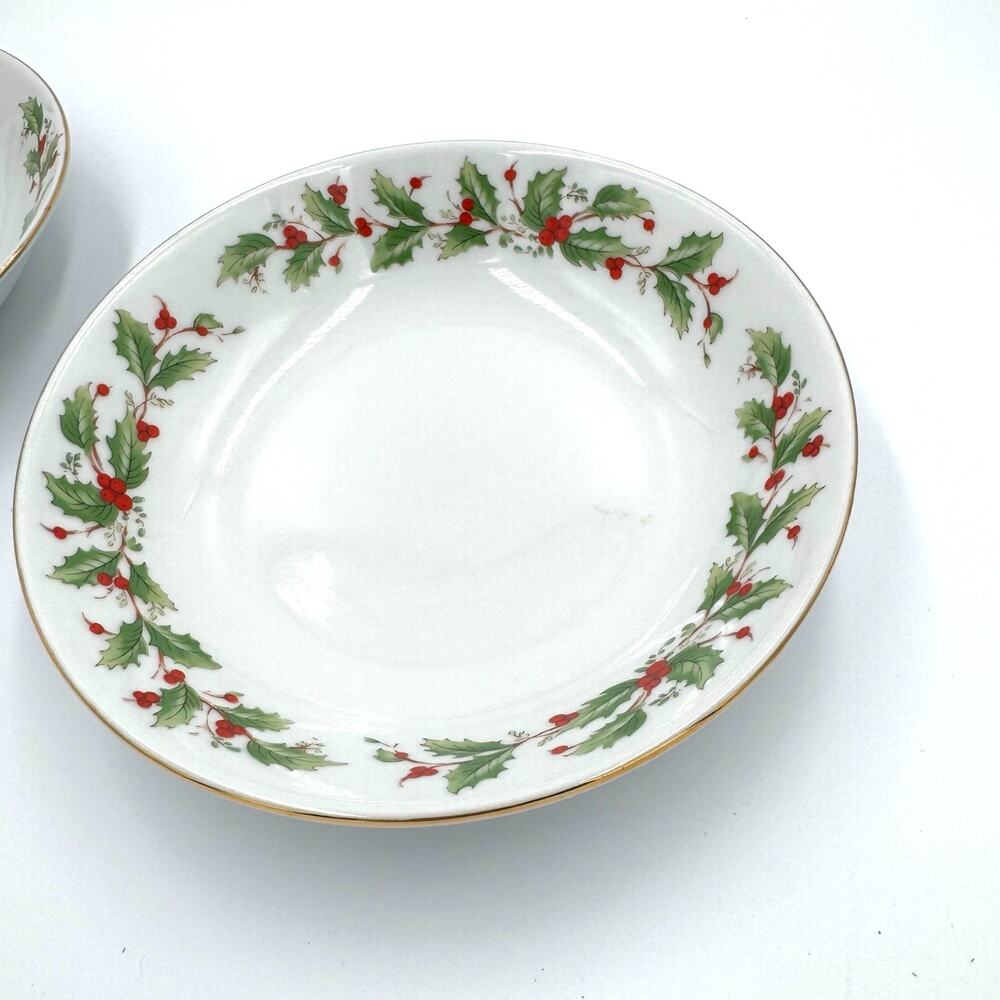 Vintage China Pearl Noel Salad Bowl Holly Berries Gold Trim Christmas